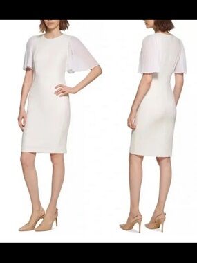 Calvin Klein White Midi Sheath Dress with Pleated Short Sleeves